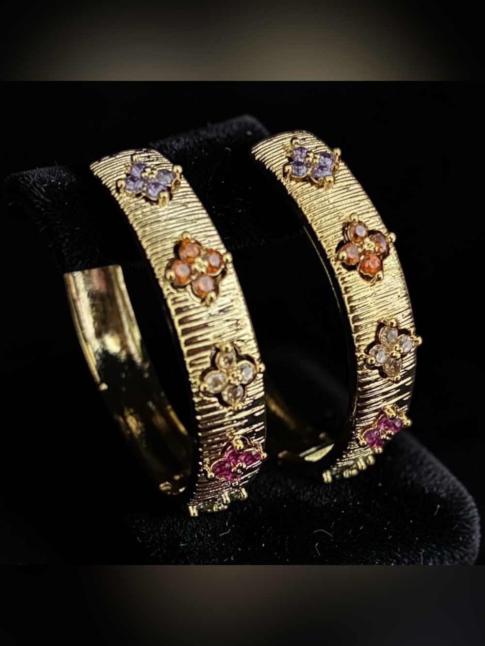 Gold Floral Multi-Stone Hoop Earrings - Picture 4 of 7